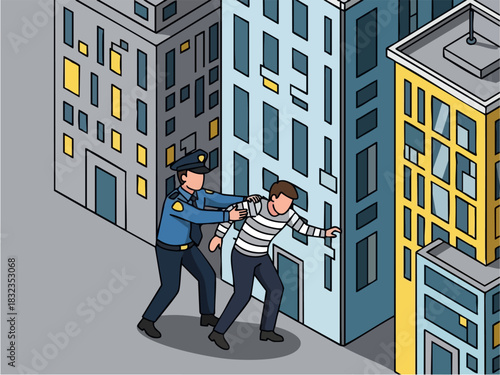 Police officer arresting a suspect in a city environment, crime scene.