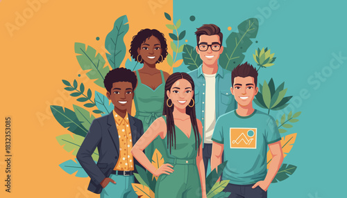 Smiling diverse friends illustration with lush green leaves Youth unity nature and community