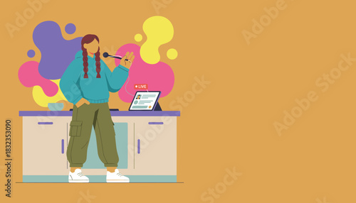 Young content creator broadcasting live using a tablet Modern digital communication concept illustration