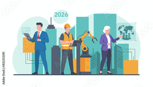 Industry 40 future Business leaders and engineer manage global smart city automation in 2026