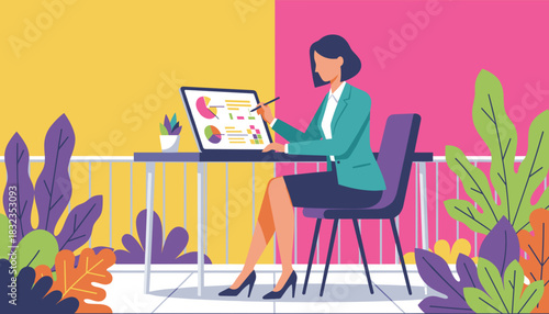 Businesswoman working remotely on a balcony analyzing data on a laptop Vibrant vector illustration