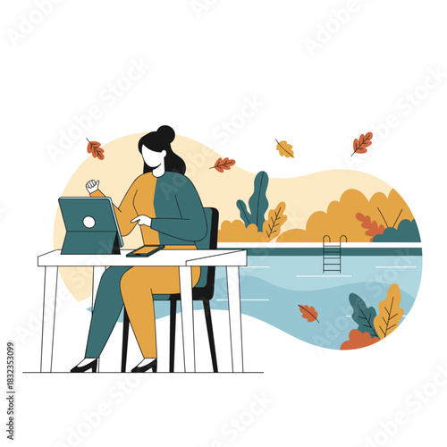 Digital nomad working remotely by the pool in autumn Flexible professional lifestyle illustration