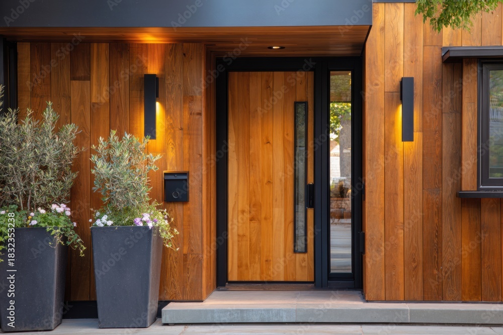 Fototapeta premium A contemporary wooden entrance adorned with fashionable light fixtures and vibrant planters adds charm to a picturesque suburban neighborhood on a sunny afternoon