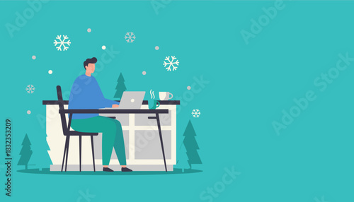 Freelancer working remotely on a laptop with hot coffee during a winter snow day