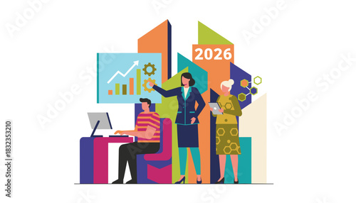Business people planning 2026 strategy viewing growth charts