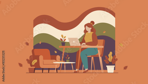 Freelance woman working remotely on laptop in a cozy home office setting Vector illustration