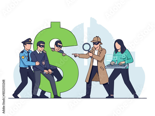 Detective investigating criminals with police and a woman using a laptop.