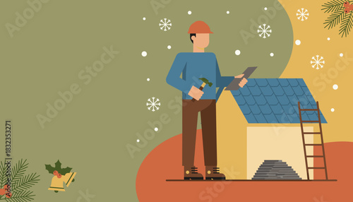 Christmas construction service Worker fixing a roof in winter snow hard hat and hammer