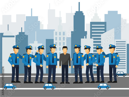 Man surrounded by police officers in a city setting, under arrest.