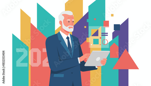 Senior executive uses tablet against a colorful geometric 2024 background illustrating digital strategy