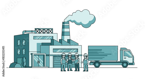 Manufacturing plant illustration with workers and delivery truck Industrial production and logistics