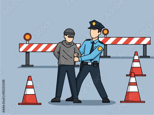 Police officer arresting a suspect at a crime scene with caution.