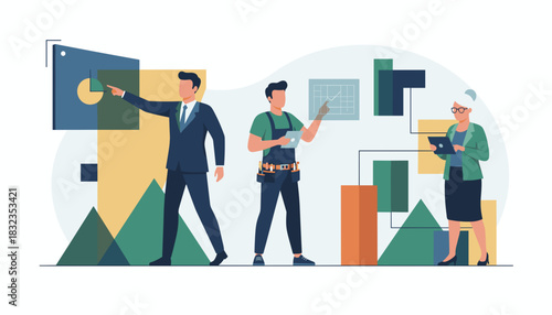 Crossindustry collaboration Business people and tradesmen use digital tools for strategy and analysis