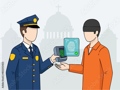 Police officer and prisoner using fingerprint scanner for identification process.