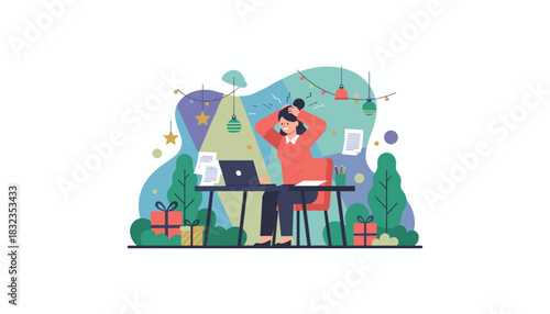 Woman experiences holiday work stress and burnout rushing deadlines in a chaotic festive office setting