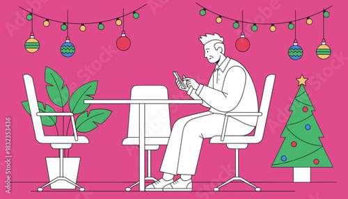 Man using smartphone during a holiday break in a Christmasdecorated office setting Vector illustration