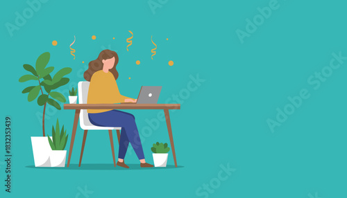Successful woman working remotely on laptop at desk featuring celebratory confetti