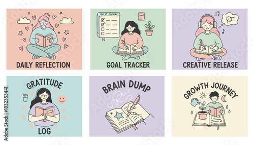 Illustrations of selfcare journaling concepts reflection goals gratitude creativity and personal growth