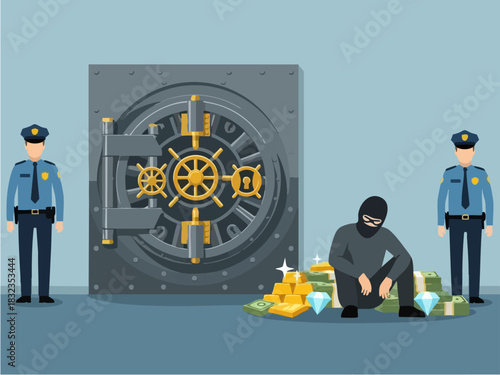 Bank robbery scene with a thief, guards, and a vault door, crime in progress.