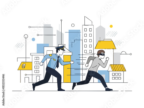 Police Officer Chasing a Thief in an Urban City Environment.
