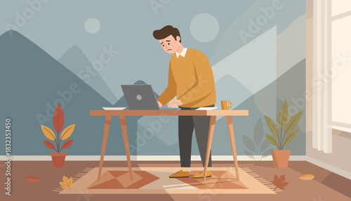 Stressed man works remotely on a laptop in a cozy home office facing burnout or fatigue