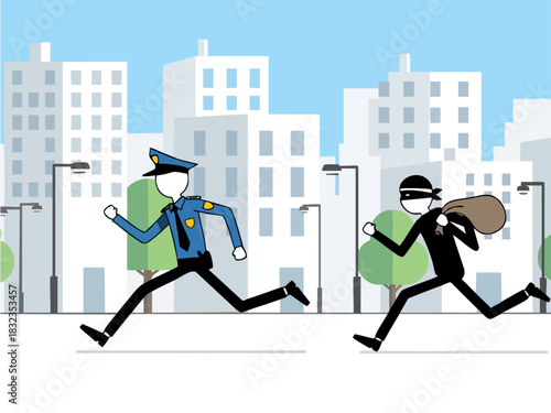 Police Officer Chasing Thief Running Away with Stolen Bag in City.