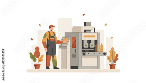 Factory worker operating automated production line machine industrial manufacturing concept