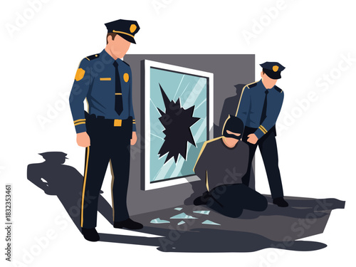 Police officers arresting a suspect near a broken window, crime scene.