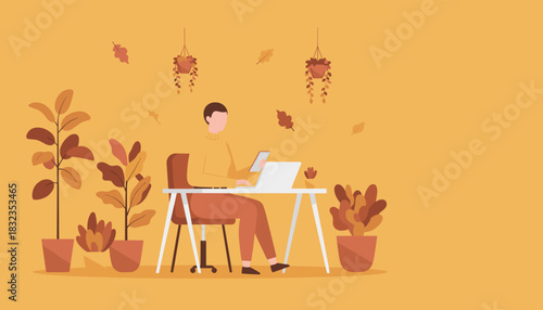 Fall remote work Professional uses laptop and tablet in a warm plantfilled home office