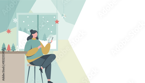 Cozy winter scene Woman chatting on phone by a window with snow falling outside Holiday leisure