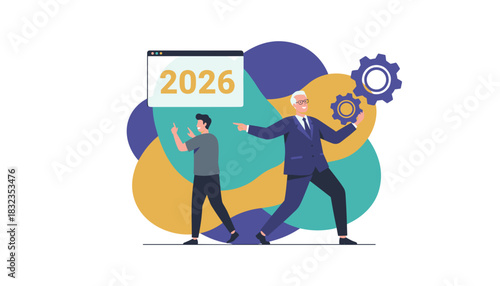 Business leaders planning 2026 strategy gears symbolize teamwork and future goals illustration