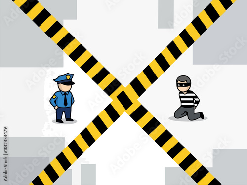 Police officer confronts a criminal at a crime scene with caution tape.