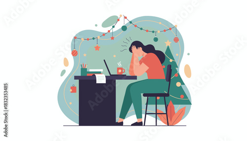 Holiday stress and burnout Woman working on laptop overwhelmed by pressure near Christmas decorations