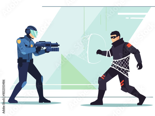 Police officer aiming weapon at a masked criminal during a confrontation scene.