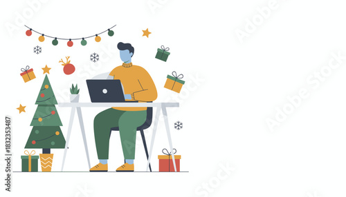 Working remotely during the Christmas season with laptop tree and holiday decorations