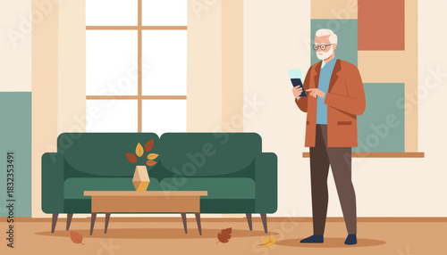 Senior man uses a smartphone in a cozy modern living room with autumn decor Digital aging concept