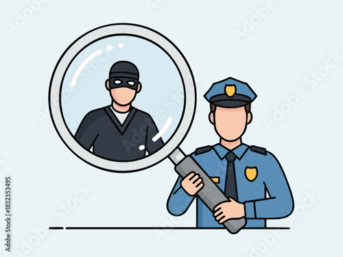 Police Officer Investigating a Suspect Through a Magnifying Glass.