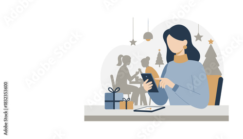 Festive woman using smartphone for online shopping or messaging near gifts and friends