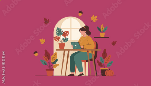 Woman working remotely on laptop in a cozy autumn home office setting Flat vector illustration