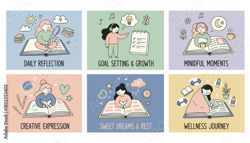 Vector set of selfcare routines daily reflection goal setting mindfulness rest and creative wellness