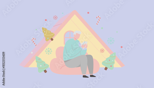 Senior man using smartphone in cozy holiday attic Digital connection and Christmas comfort illustration