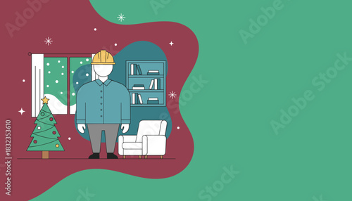 Construction worker celebrates the holiday season indoors Vector illustration with copy space