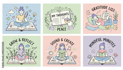 Selfcare and mental health journaling vector illustration set Mindfulness gratitude and reflection