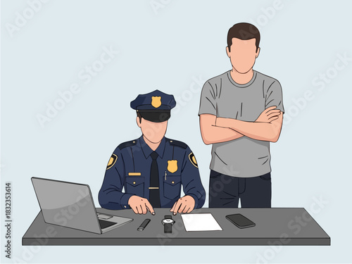 Police officer at desk with suspect, investigation and interrogation.