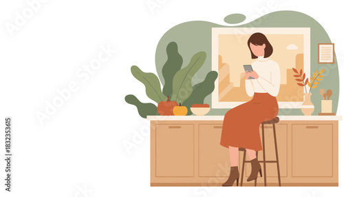 Young woman using a smartphone in a cozy kitchen with fall decorations