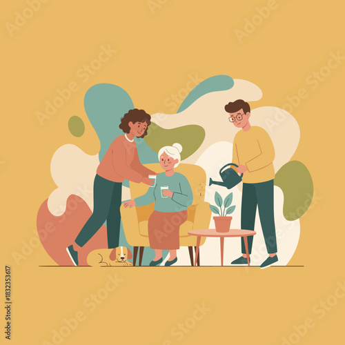 Multigenerational family caring for an elderly relative at home illustrating compassion and support