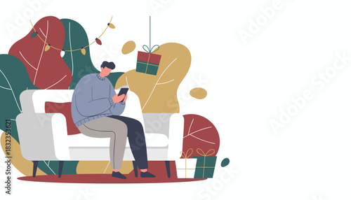 Man using phone on a cozy sofa surrounded by abstract Christmas decorations and gifts