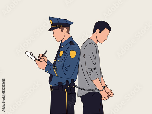 Police officer writing report while arresting suspect in handcuffs, crime scene.