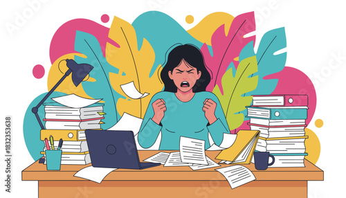 Frustrated worker overwhelmed by paperwork and burnout feeling stress and pressure