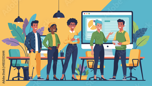 Professional diverse team collaborating in a vibrant modern office setting